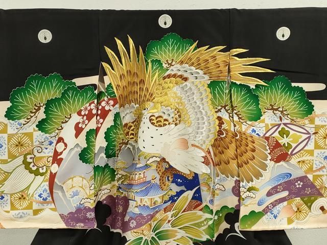 平和屋着物 お宮参り 男の子 祝着 産着 初着 のしめ 刺繍 鷹 風景笠松文 黒地 金彩 ze