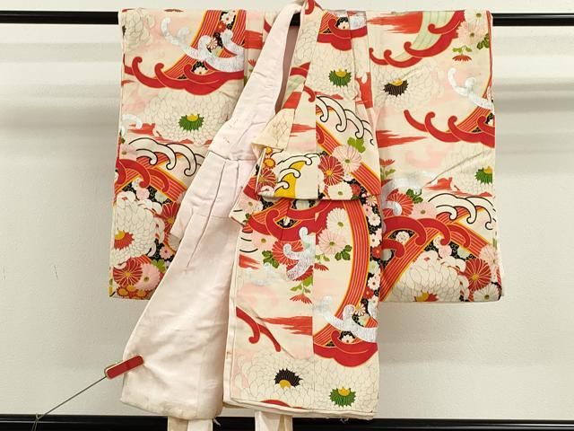 平和屋着物 アンティーク 大正ロマン 七五三 女の子 ３歳 祝着 三つ身 長襦袢セット 立波草花文 金銀彩 ze