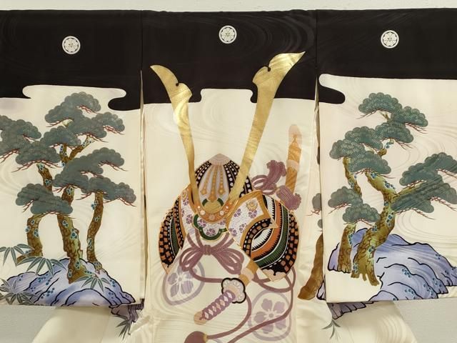 平和屋着物 お宮参り 男の子 祝着 産着 初着 のしめ 駒刺繍 兜 笠松文 金彩 洗える着物 ze