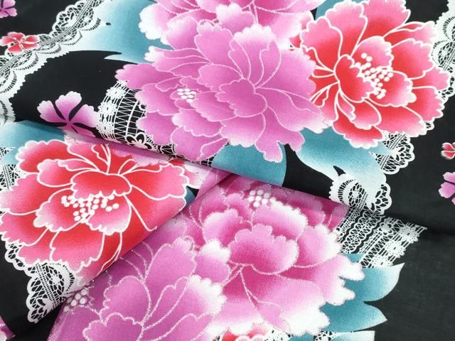 平和屋着物∴夏物 浴衣 ラメ レース牡丹花文 黒地 綿 ♥ ng