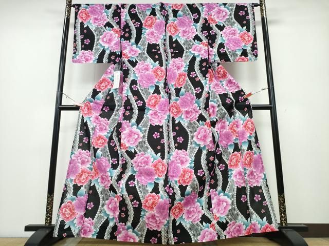 平和屋着物∴夏物 浴衣 ラメ レース牡丹花文 黒地 綿 ng