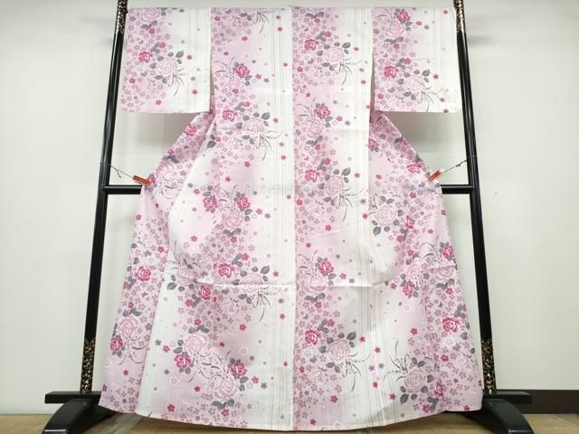 平和屋着物∴夏物 浴衣 舞桜 薔薇 綿 金彩 ng
