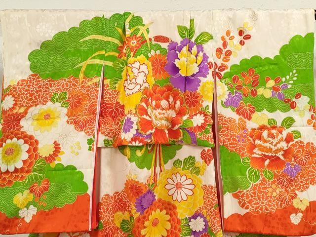 平和屋着物 七五三 女の子 ３歳 祝着 三つ身 長襦袢セット 刺繍 花束文 金彩 ze