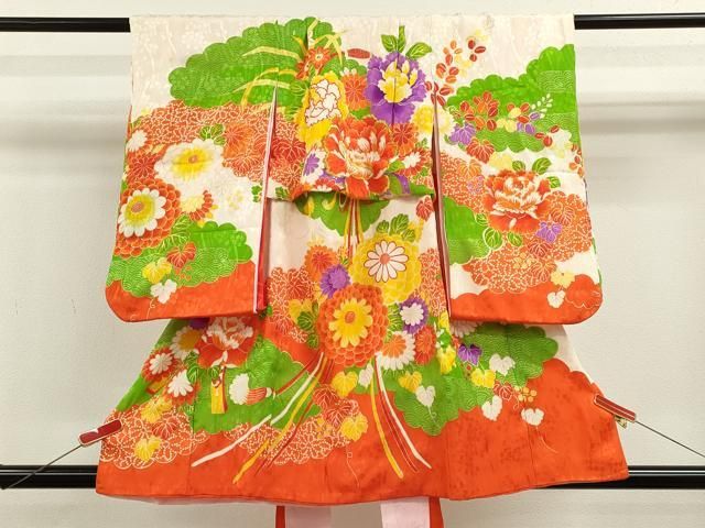 平和屋着物 七五三 女の子 ３歳 祝着 三つ身 長襦袢セット 刺繍 花束文 金彩 ze