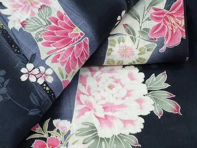 平和屋着物∴夏物 浴衣 ラメ 竹縞牡丹花文 黒地 綿 ng