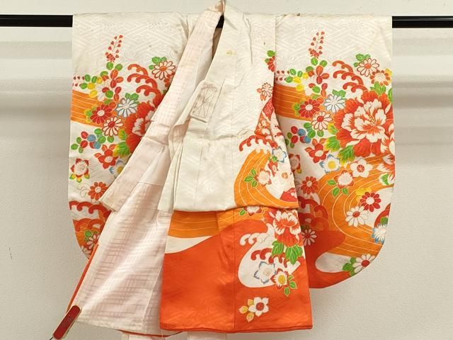 平和屋着物 七五三 女の子 ３歳 祝着 三つ身 長襦袢セット 刺繍 片輪車草花文 金彩 ze