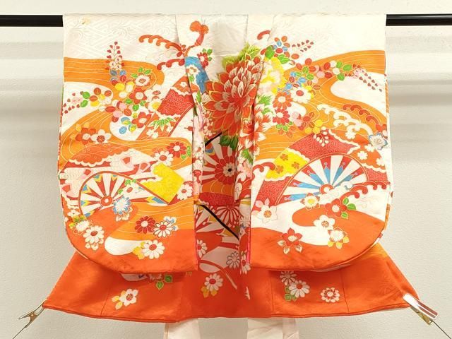 平和屋着物 七五三 女の子 ３歳 祝着 三つ身 長襦袢セット 刺繍 片輪車草花文 金彩 ze