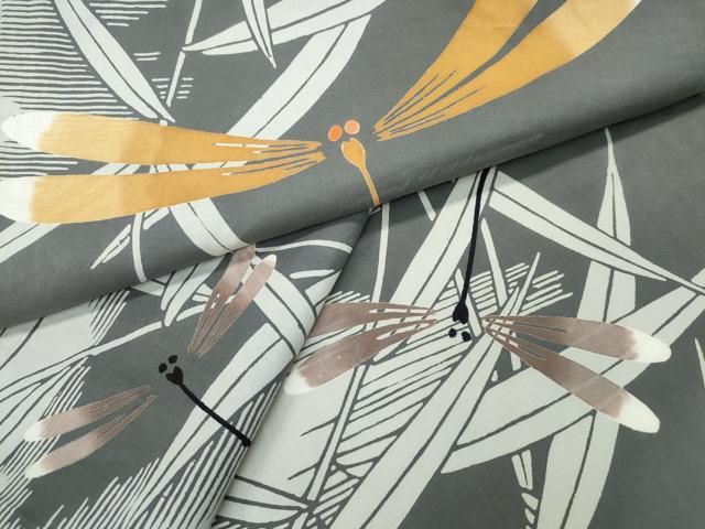 平和屋着物∴夏物 浴衣 型染め トンボ 蜻蛉 水辺草木文 綿 ng