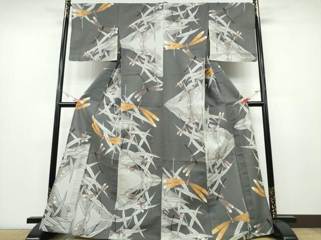 平和屋着物∴夏物 浴衣 型染め トンボ 蜻蛉 水辺草木文 綿 ng