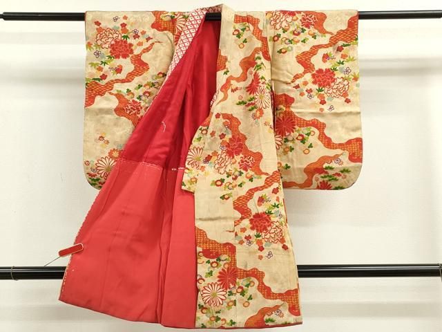 平和屋着物 アンティーク 大正ロマン 七五三 女の子 ３歳 祝着 三つ身 道長草花文 金彩 ze