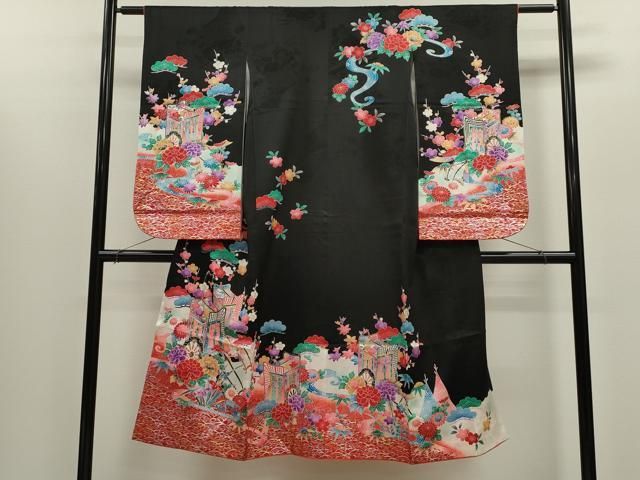 平和屋着物 七五三 女の子 ７歳 祝着 四つ身 松竹梅御所車花文 暈し染め 黒地 金銀彩 ze