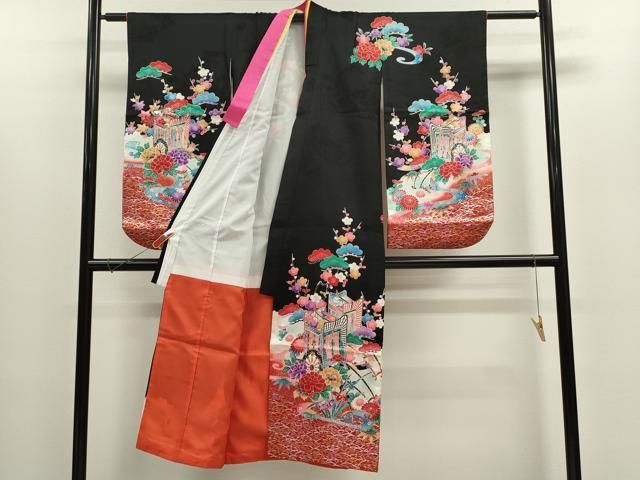 平和屋着物 七五三 女の子 ７歳 祝着 四つ身 松竹梅御所車花文 暈し染め 黒地 金銀彩 ze