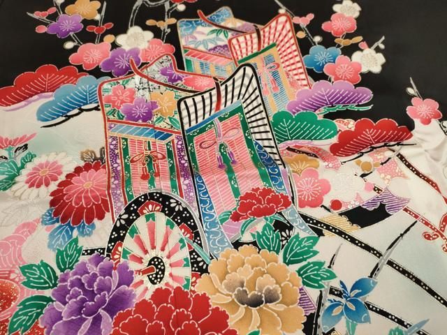  平和屋着物 七五三 女の子 ７歳 祝着 四つ身 松竹梅御所車花文 暈し染め 黒地 金銀彩 ze 着物 着物ドレス 着物 浴衣 和小物