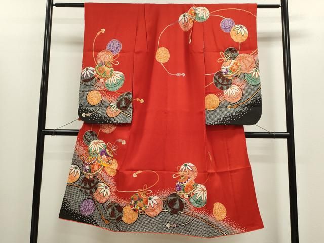 平和屋着物 七五三 女の子 ７歳 祝着 四つ身 鈴 鞠花文 金彩 洗える着物 ze