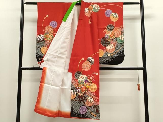 平和屋着物 七五三 女の子 ７歳 祝着 四つ身 鈴 鞠花文 金彩 洗える着物 ze