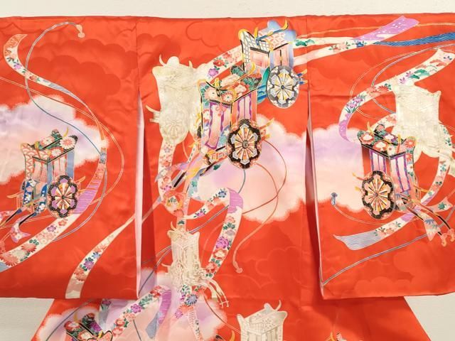 平和屋着物 お宮参り 女の子 祝着 産着 初着 のしめ 駒刺繍 雲取り御所車文 暈し染め 金銀彩 ze