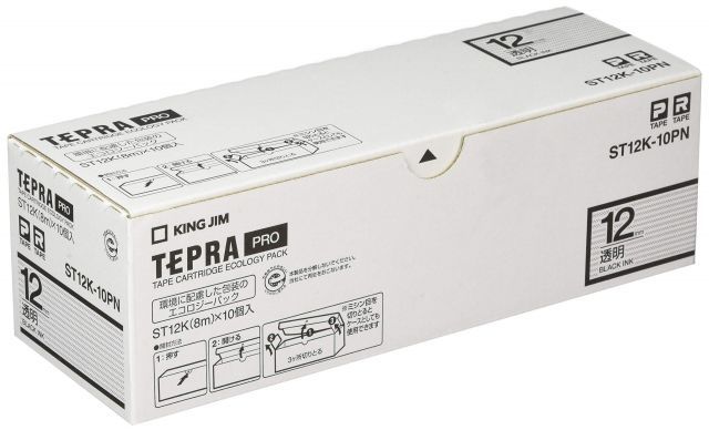 キングジム テプラPROテープカートリッジ エコパック 入 12 mm 透明ラベル|黒文字 長さ8 m ST K-10 PN