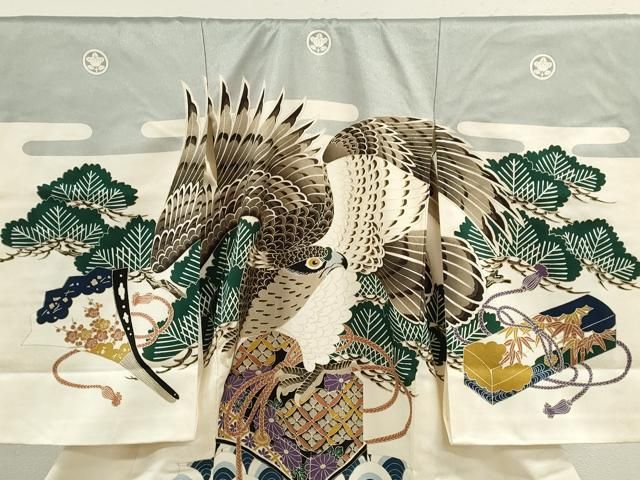 平和屋着物 お宮参り 男の子 祝着 産着 初着 のしめ 松竹梅 鷹 文箱文 金彩 ze