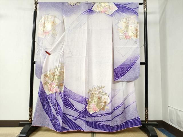 平和屋着物 豪華振袖 総刺繍 駒刺繍 扇面御所車牡丹花文 暈し染め 金銀彩 やまと誂製 正絹 yc