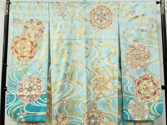 平和屋着物●豪華振袖 駒刺繍 流水更紗草花文 暈し染め 金彩 正絹 yc