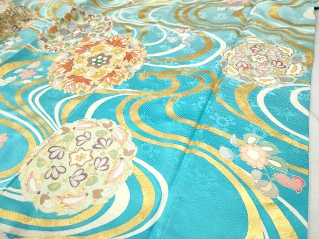  平和屋着物 豪華振袖 駒刺繍 流水更紗草花文 暈し染め 金彩 正絹 yc 振袖 着物