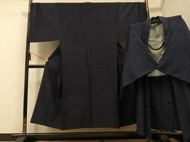 平和屋着物●男性 結城紬 アンサンブル 杢 藍鉄色 正絹 ph