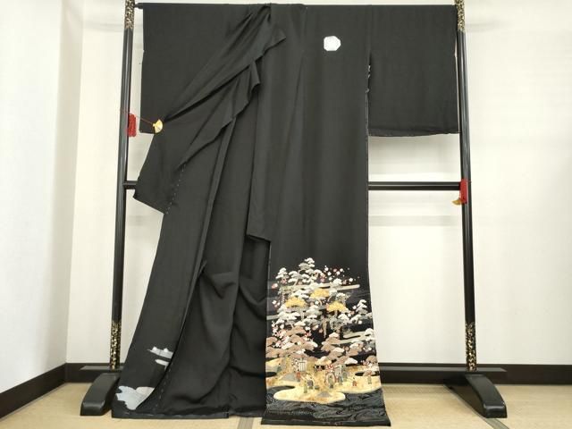 平和屋着物 豪華黒留袖 駒刺繍 御所車松文 金彩 仮絵羽 正絹 ck