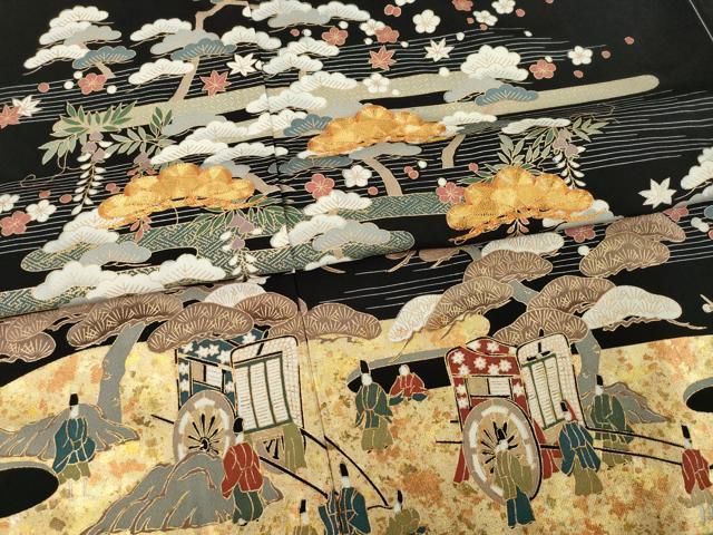 平和屋着物○豪華黒留袖 駒刺繍 御所車松文 金彩 仮絵羽 正絹 逸品 未