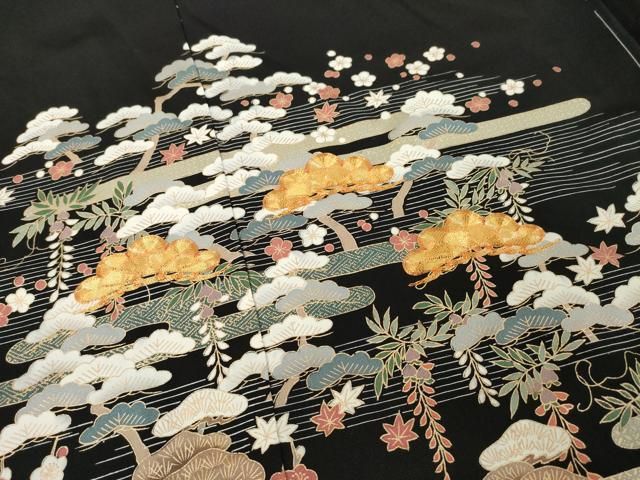 平和屋着物●豪華黒留袖　駒刺繍　御所車松文　金彩　仮絵羽　正絹　逸品　未使用　AABE3413ck 平和屋着物○豪華黒留袖 駒刺繍 御所車松文 金彩 仮絵羽 正絹 逸品 未