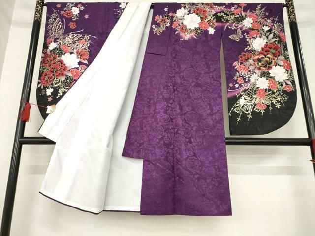 平和屋着物●小振袖 二尺袖 花蝶文 暈し染め 金彩 銀通し地 洗える着物 ck