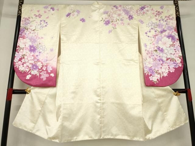 平和屋着物●小振袖 二尺袖 舞花文 暈し染め 金彩 銀通し地 洗える着物 ck