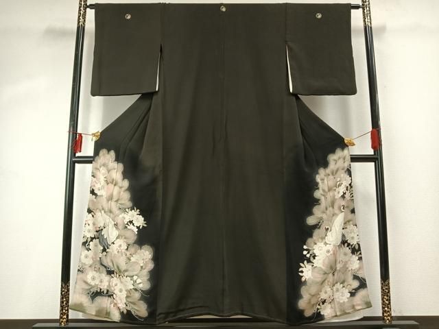 平和屋着物 アンティーク 大正ロマン 黒留袖 刺繍 花鳥文 金糸 正絹 fy