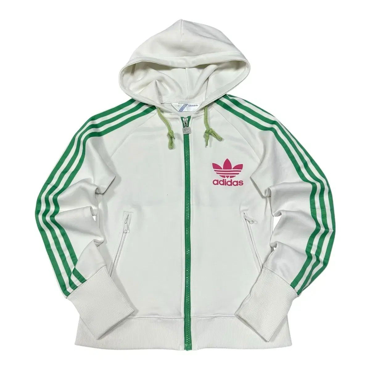 アディダス 必須アイテム 白緑 フード ジップアップ ジャージ