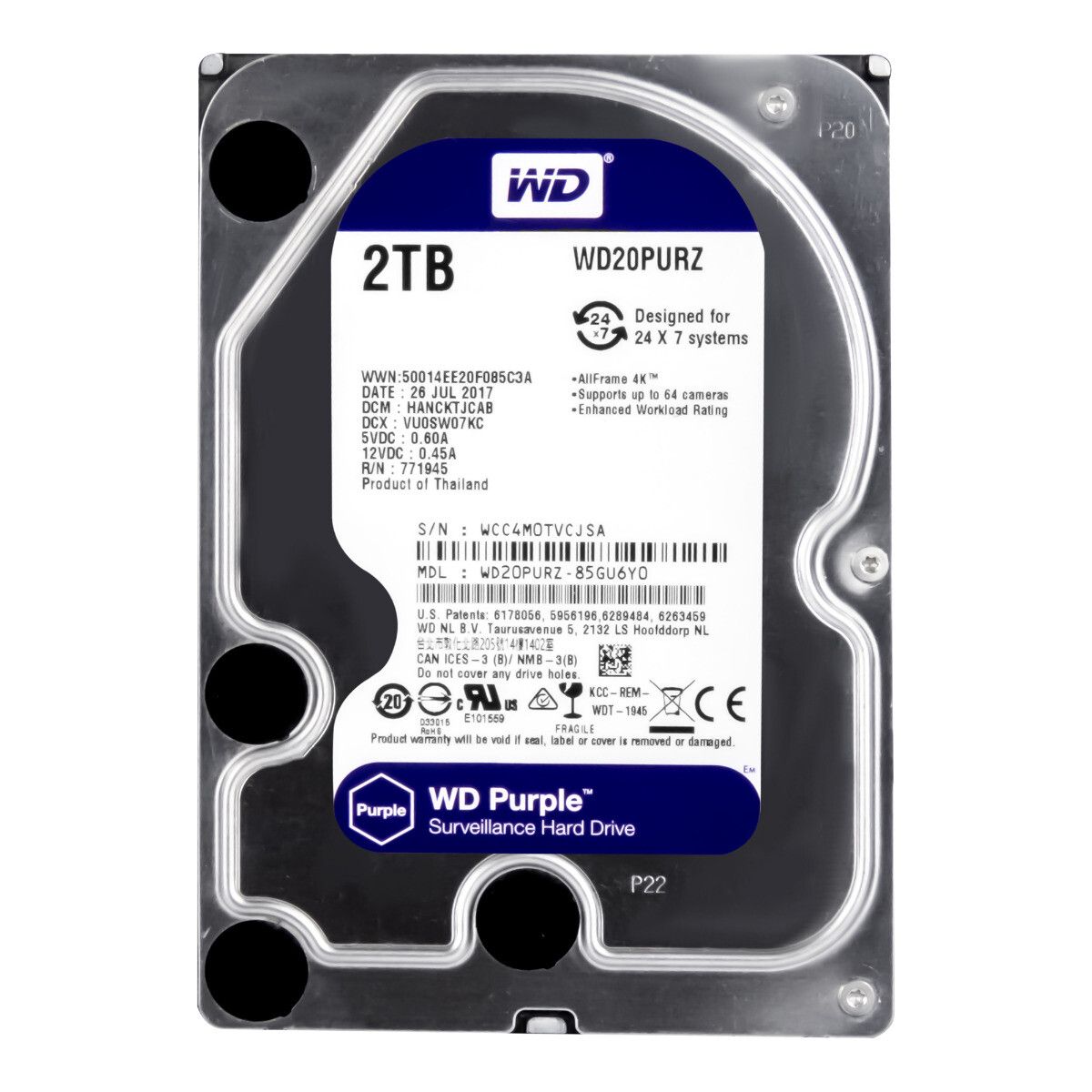 3年保証】Hard Drive WD Purple WD20PURZ 2TB SATA III 5400RPM 64MB