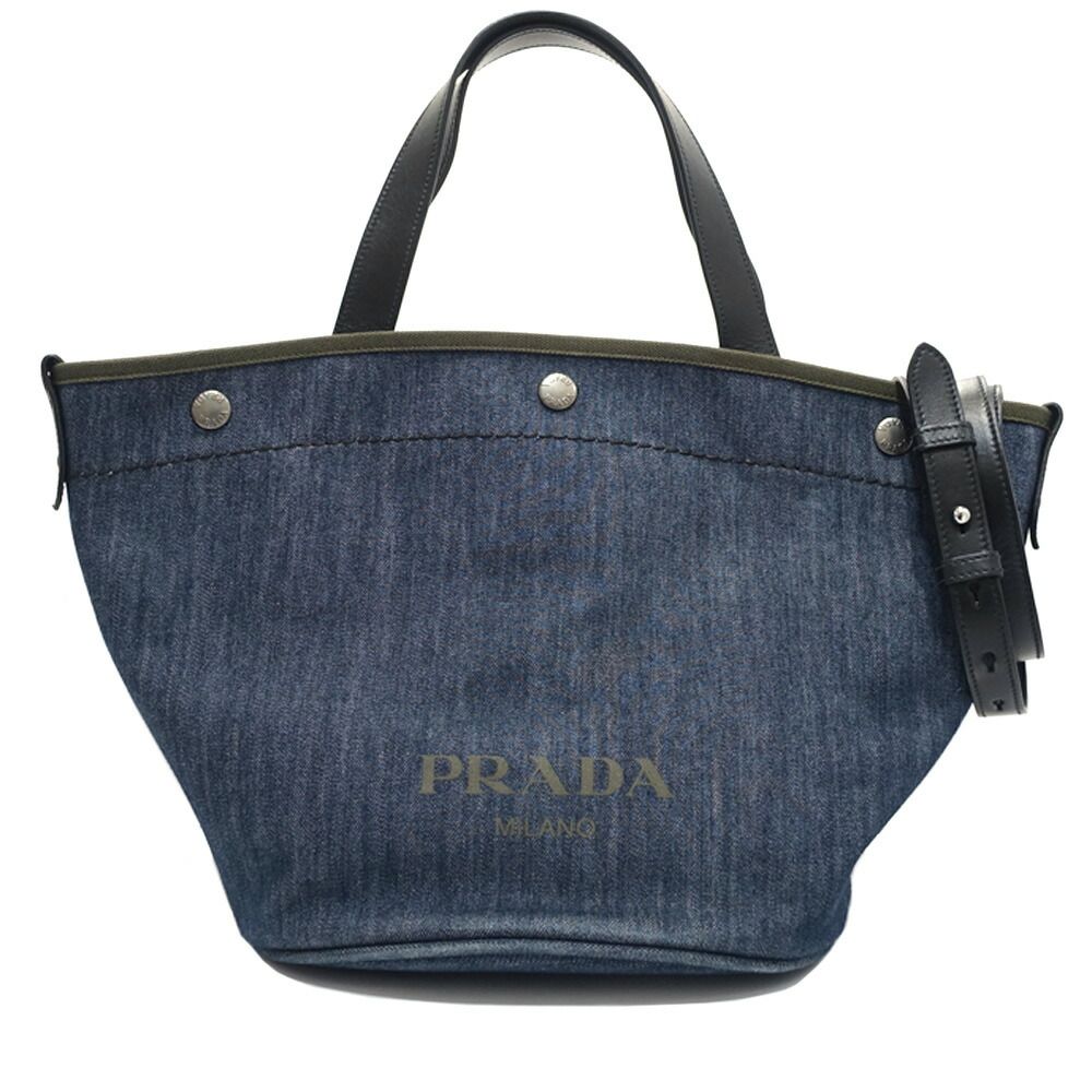 栄 プラダ 1 BG 244 ロゴ デニム LOGO DENIM 2 WAY トートバッグ ブルー ゴールド金具 女性 レディース