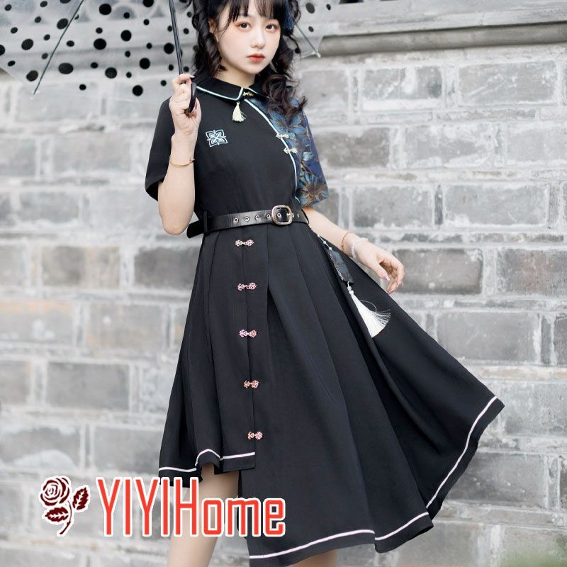 チャイナ風ワンピース 半袖 長袖 ミモレ丈 中国風 シャツワンピース ベルト付き 暗黒系 改良 チャイナドレス 花柄切り替え 不規則裾 プリーツスカート 中華 ゴスロリ ロリータ ワンピース 中華ドレス S M L