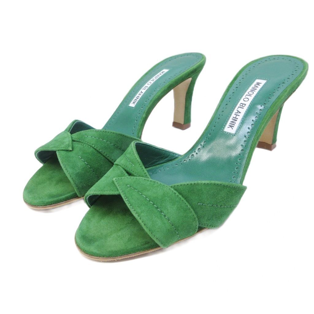 マノロブラニク MANOLO BLAHNIK サンダル スエード レザー ハイヒール リーフ デザイン 36 1 2 約23 5 cm 緑 グリーン MNK 3 1203