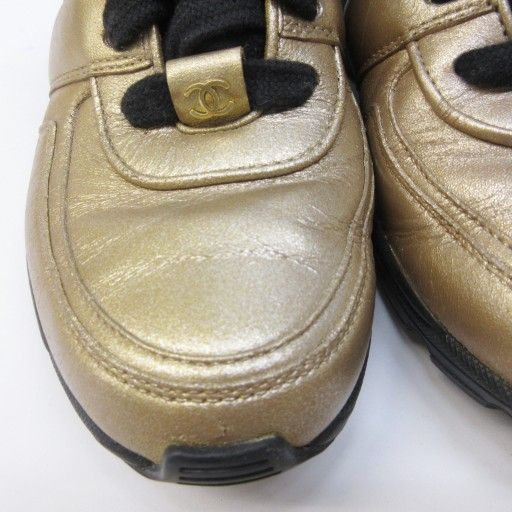 【中古】シャネル CHANEL スニーカー ココマーク レザー 切替 レースアップ 36 約23cm ゴールドカラー 系 ■MNK3 シャネル CHANEL スニーカー ココマーク レザー 切替 レースアップ 36