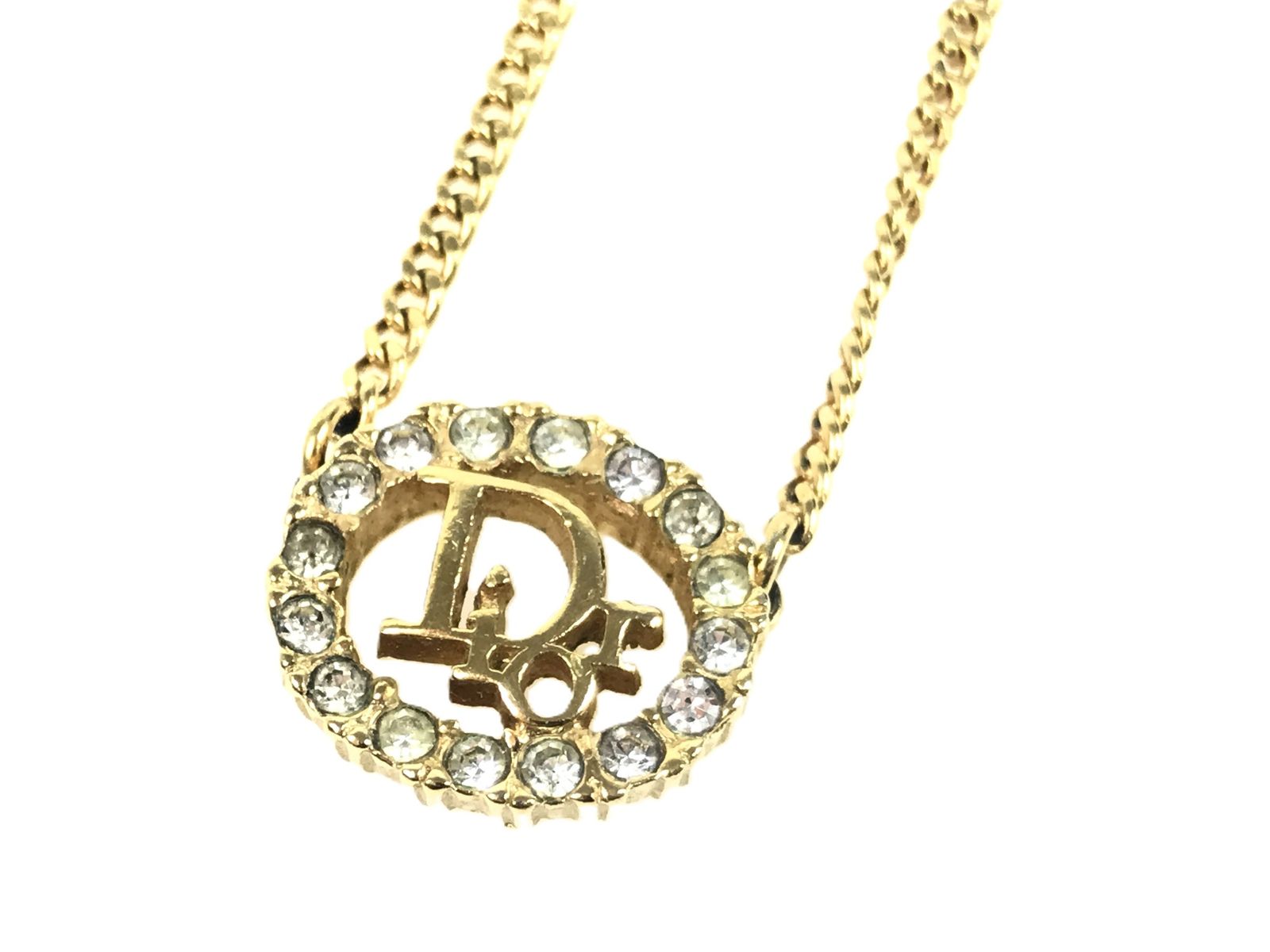 クリスチャン ディオール Christian Dior Diorロゴ ラインストーン ネックレス ゴールド