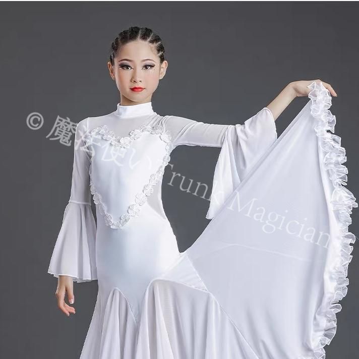  モダン競技ドレス フロアーリングスカート 社交ダンスドレス ホワイト 大人用 子供用 ドレス ダンス衣装 社交ダンス