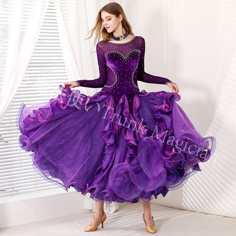 ♥ 豪華モダンドレス 紫 ワルツダンスドレス ステージ衣装 ロング丈 シースルー袖 フリル ボリュームスカート ビジュー装飾 演出用 社交ダンス衣装 レディース コスチューム 撮影用 イベント用 豪華ドレス