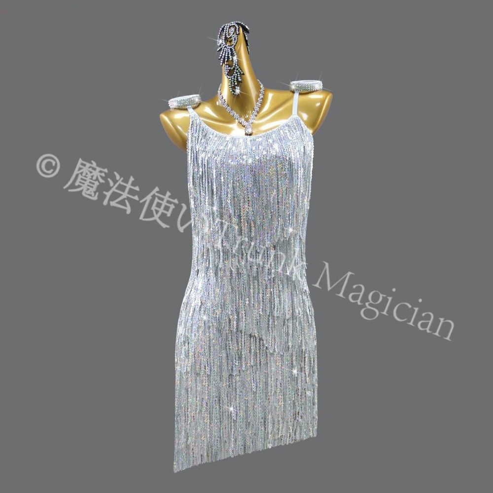 2025 ラテンダンス衣装 シルバー スパンコールフリンジ ワンピース 大会用 ステージ衣装 カスタムサイズ対応 社交ダンス パフォーマンス用 ダンスウェア