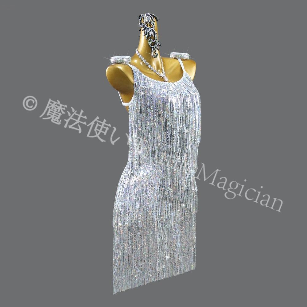 2025 ラテンダンス衣装 シルバー スパンコールフリンジ ワンピース 大会用 ステージ衣装 カスタムサイズ対応 社交ダンス パフォーマンス用 ダンスウェア