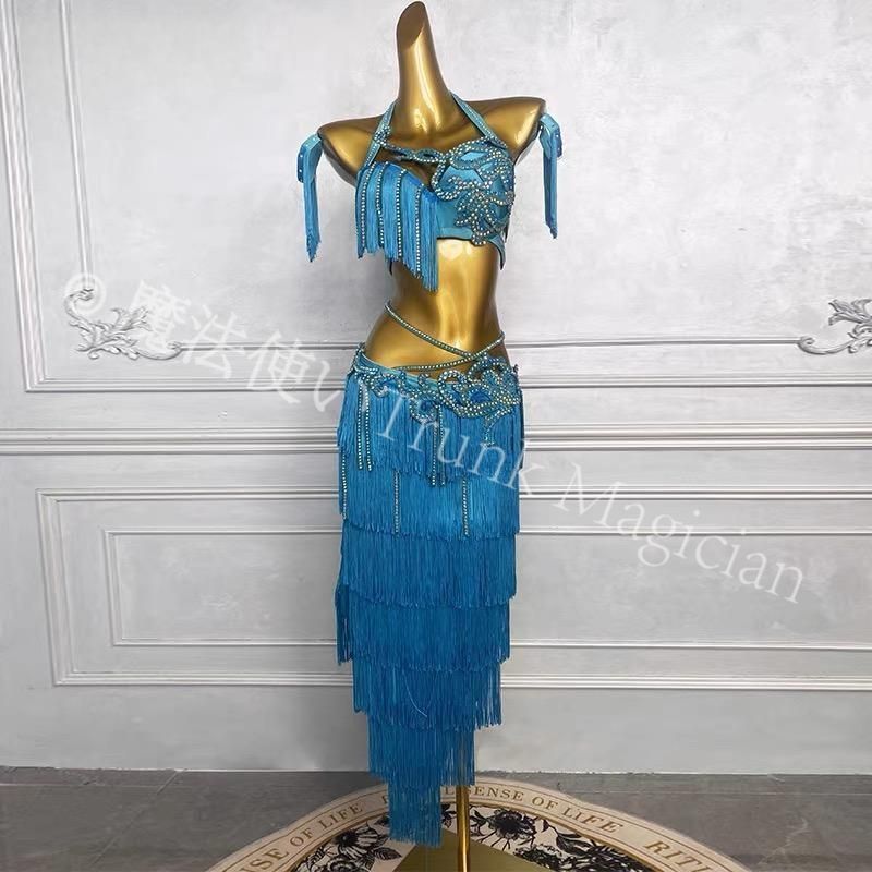 ベリーダンスの ドラムパフォーマンス衣装 ステージ衣装女性用 ブルー M L