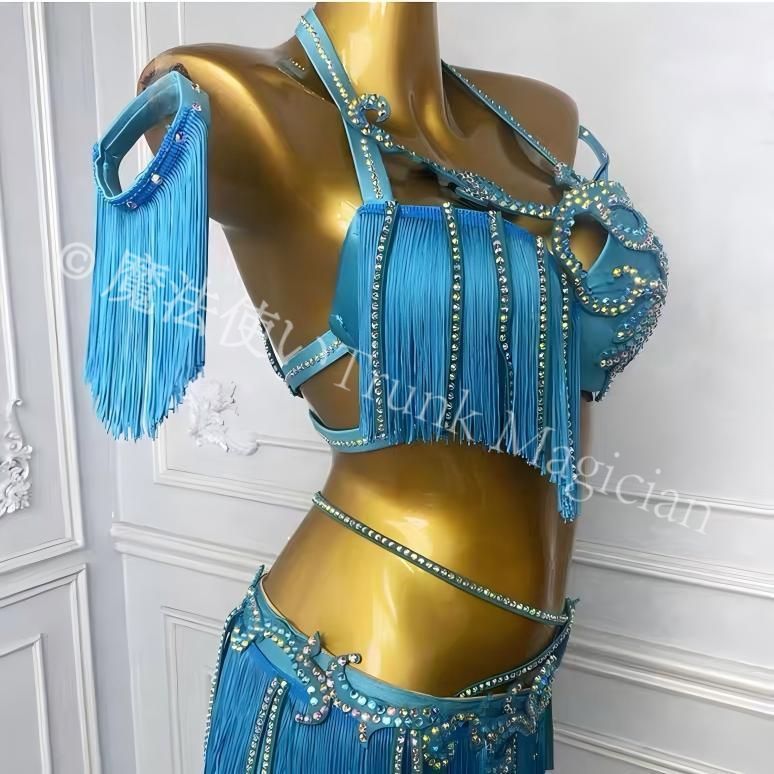  ベリーダンスの ドラムパフォーマンス衣装 ステージ衣装女性用 ブルー M L セットアップ ベリーダンス