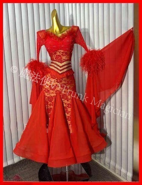 オーダーメイド 社交ダンス衣装 羽根 レース ドレス