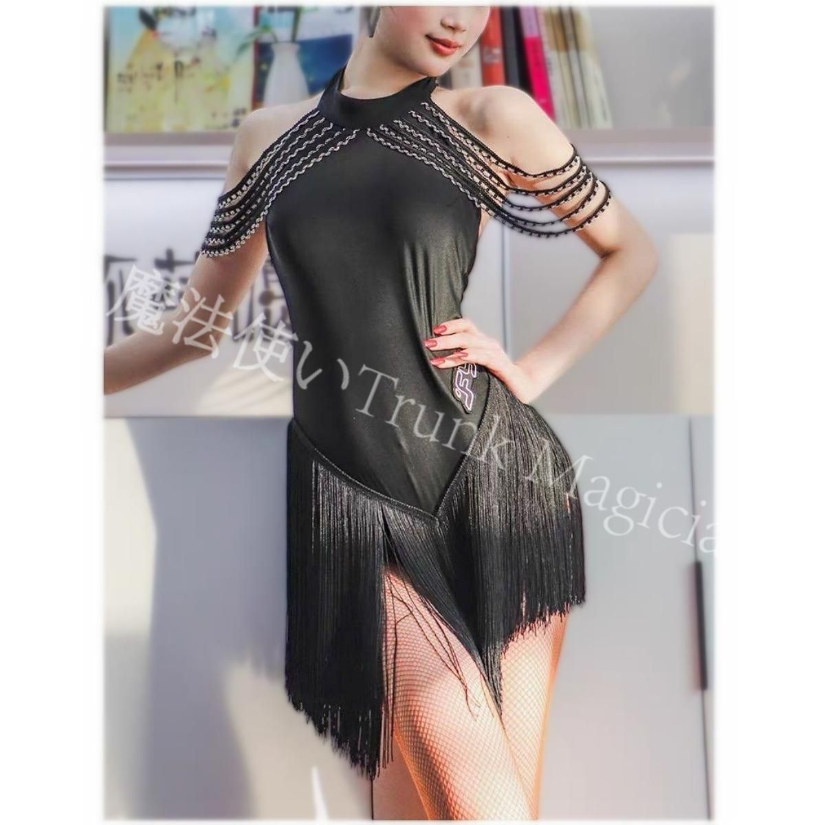 ♥ イズ ベリーダンス衣装 セクシーなオープンバックラテンダンスフリンジドレス - 競技会 パフォーマンス 芸大受験用 セクシーオープンバック ブラック