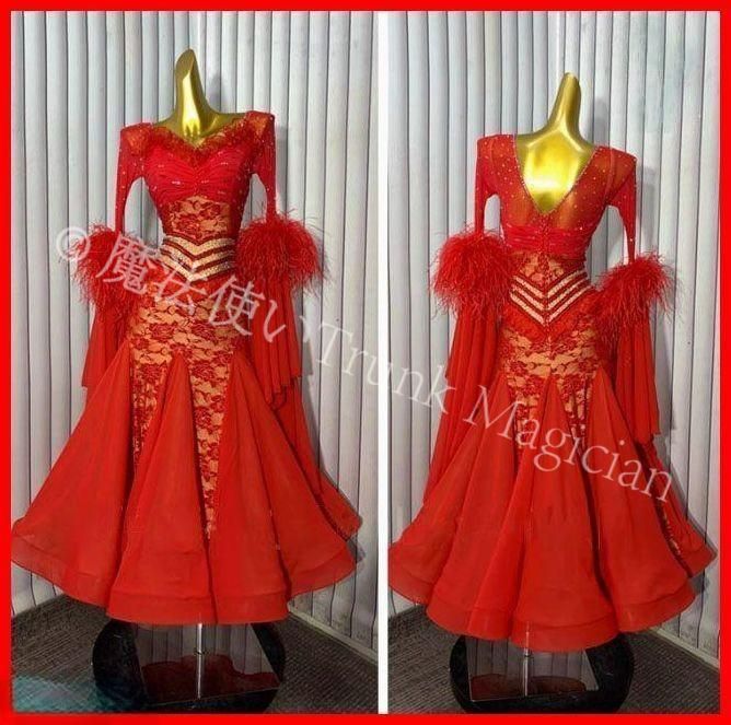 オーダーメイド 社交ダンス衣装 羽根 レース ドレス