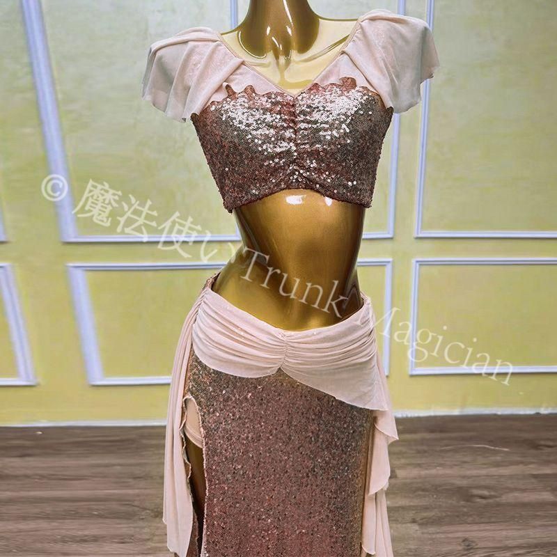 ベリーダンス衣装 社交ダンス ドレス ダンス衣装 肚皮舞 ステージ衣装 金色スパンコール 上下セット M Lサイズ