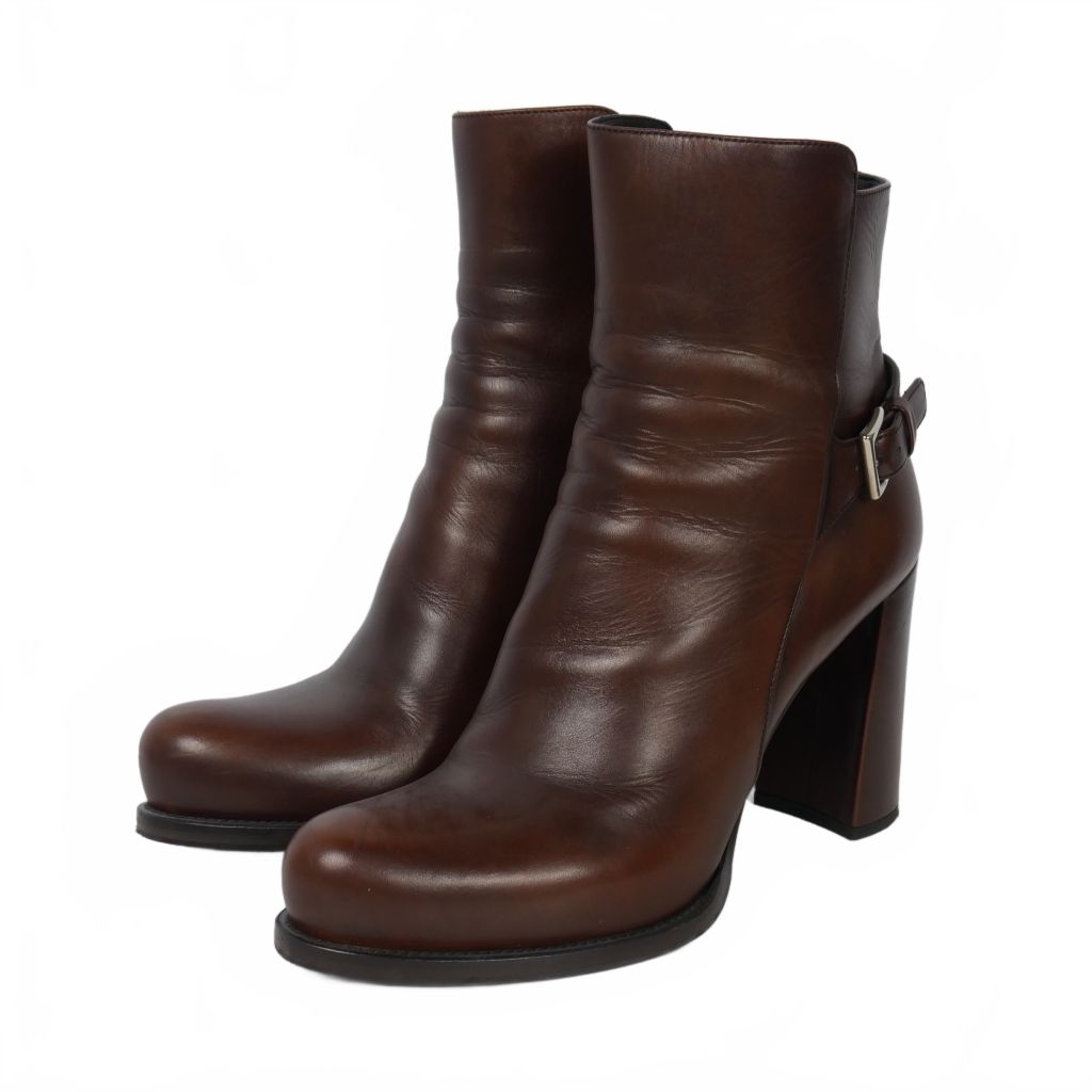 【中古】プラダ PRADA サイドジップ レザー ショートブーツ ベルト 37.5 茶 ブラウン レディース プラダ PRADA サイドジップ レザー ショートブーツ ベルト 37.5 茶